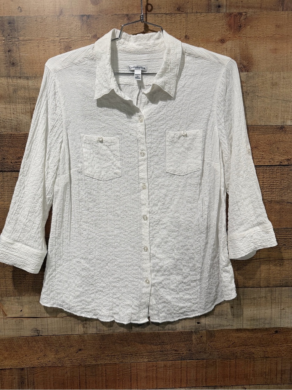 croft & barrow White Textured Button-Down Shirt with Roll-Tab Sleeves Size XL